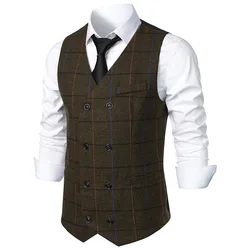 #4843 Office Vintage Plaid Vest Men Slim Double Breasted Men's Vest Retro Sleeveless Vest Waistcoat Split Joint Blazer Vest