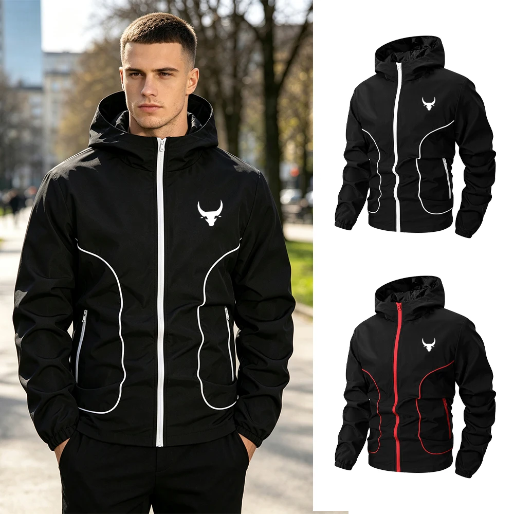 Men's Zip Up Hooded Jacket With Bull Head Print And Multi Pockets Windproof Outerwear For Hiking Running Commute And Sports