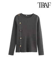 TRAF-maglione lavorato a maglia a maniche lunghe da donna con bottoni, pullover con scollo a O, top Chic, moda femminile