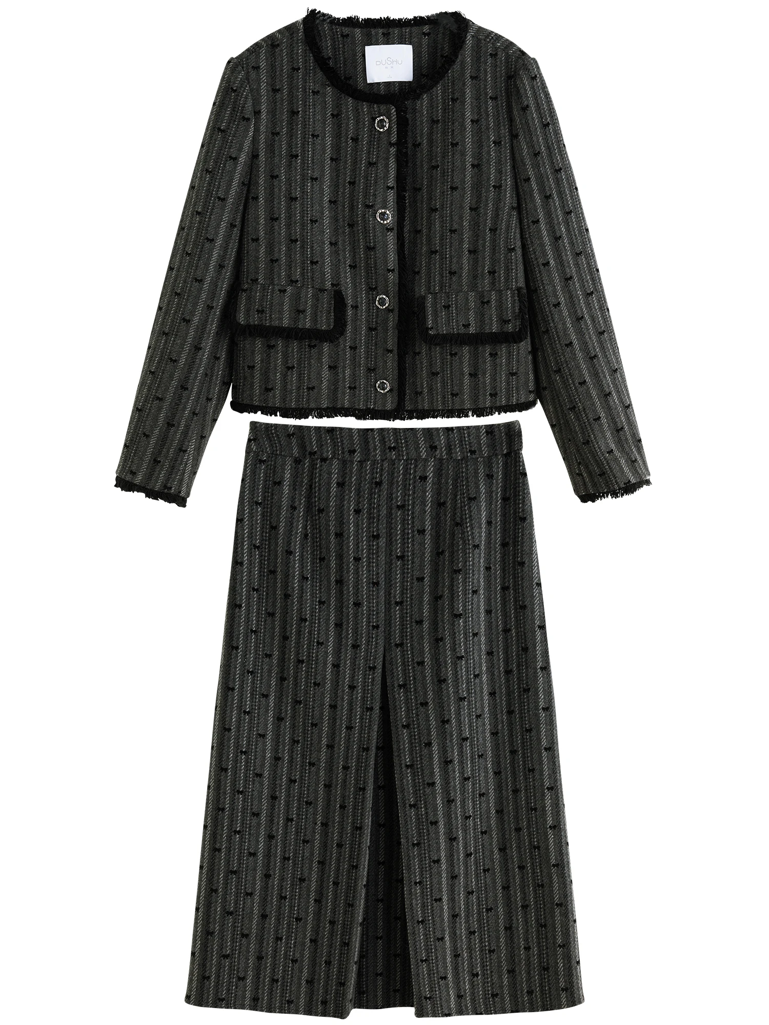 DUSHU Women 46.3% Wool Female Tweed Coat Sets Zipper Waist Women Winter Thicken Long A-LINE Pleated Skirt 24DS84503+24DS84542