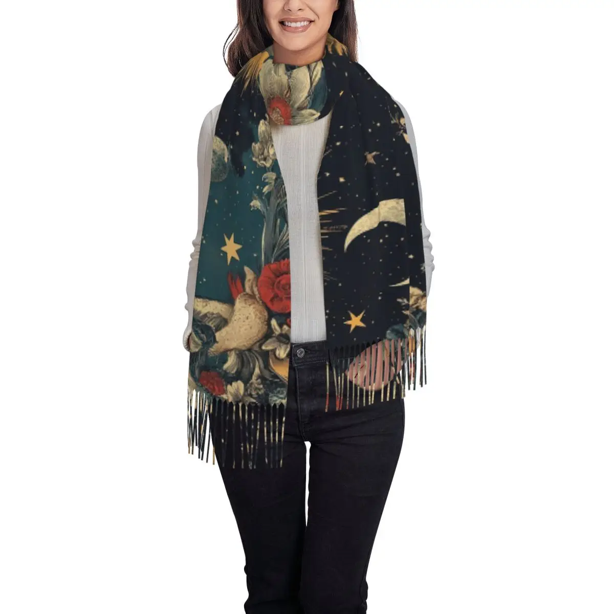 العصرية الشمس القمر بوهو كوزموس علم التنجيم وشاح شرابة الأوشحة النساء لينة الدافئة شالات ويلتف طويل الخريف الشتاء شال التفاف