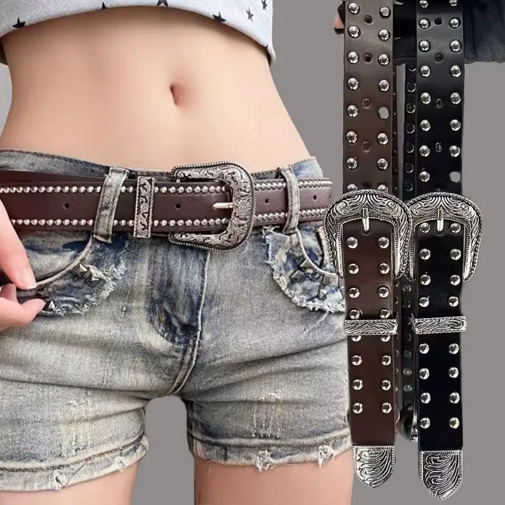 

Vintage Y2K Waist Belts PU Leather Carved Needle Buckle Women Gothic Belts Rivet Punk Hip Hop Belt