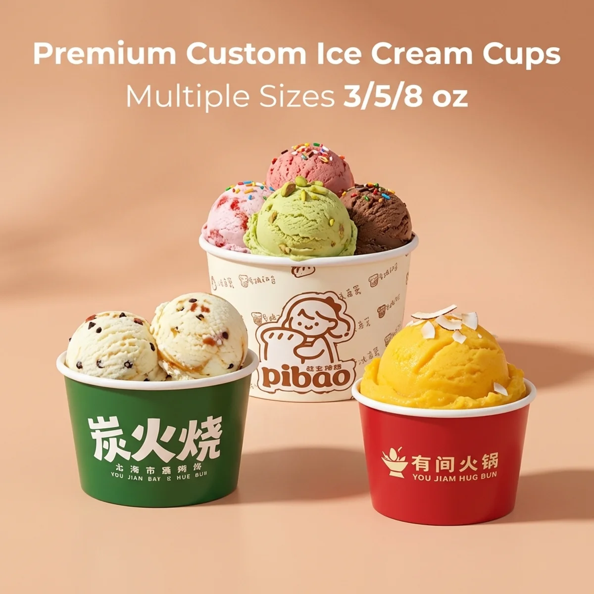 100pcs Customizable Ice Cream Cups, 3/5/8oz - Branded Disposable Dessert Containers for Gelato and Frozen Desserts