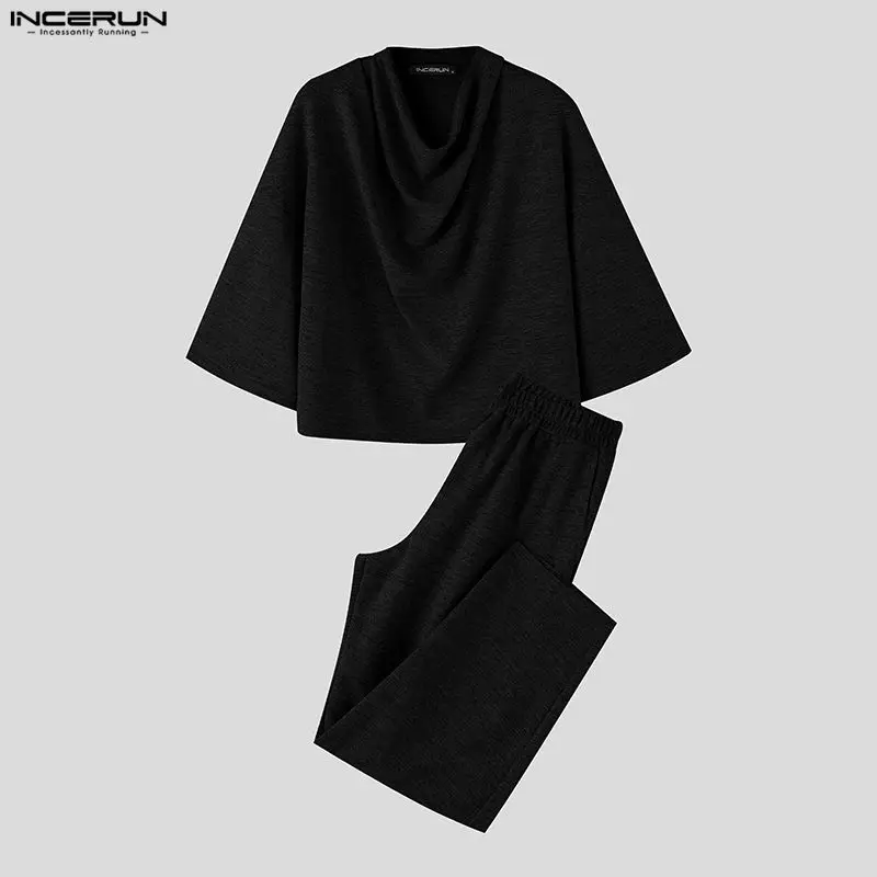 INCERUN Men's Sets Solid Color Oversize Tracksuits 3/4 Sleeve T Shirt Pants Two Piece Sets Streetwear Casual Men Matching Sets
