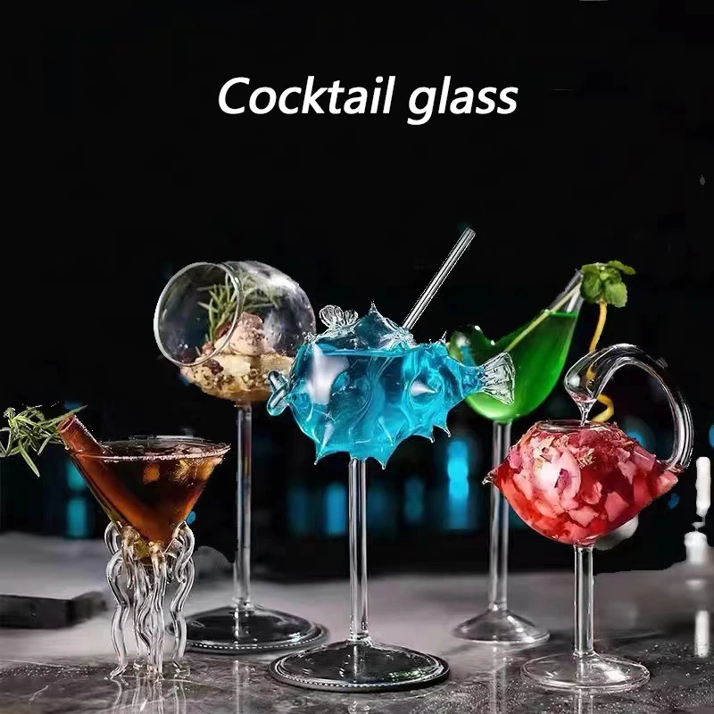 Transparent Glass Pufferfish Octopus Swan Bird Cocktail Glass Cocktail Goblet Glass With Straw Wine Juice Cup Party Supplies