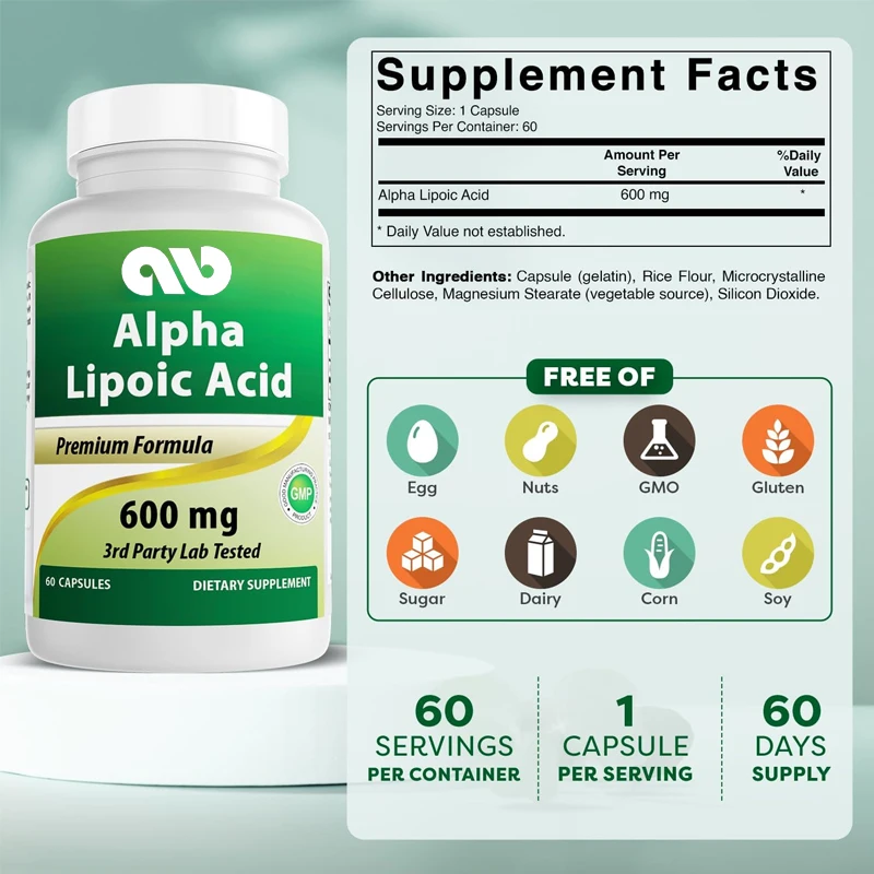 Alpha lipoic Acid 600มก. 60แคปซูล-Ala สารต้านอนุมูลอิสระที่มีประสิทธิภาพ-ปราศจากน้ำตาล, ปราศจากนม, ปราศจากข้าวโพด, ปราศจากถั่วเหลือง,