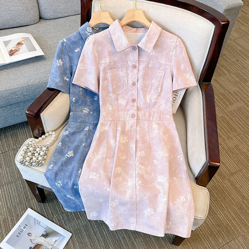 Plus Size 150Kg Women\'s Bust 150 Summer Loose New Turn down Collar Long Denim Dress Blue 5XL 6XL 7XL 8XL 9XL 10XL