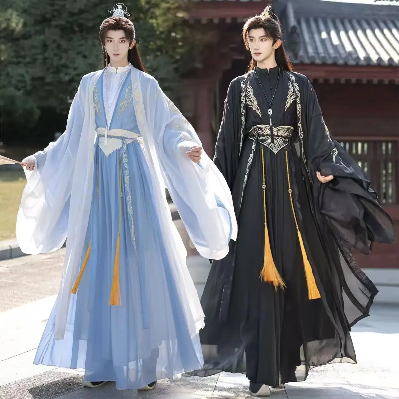 Traditionelle chinesische Kleidung, Nische, Stehkragen, Stickerei, lange Robe, Halloween, Wuxia, Cosplay-Kostüm, cooles schwarzes Herren-Hanfu