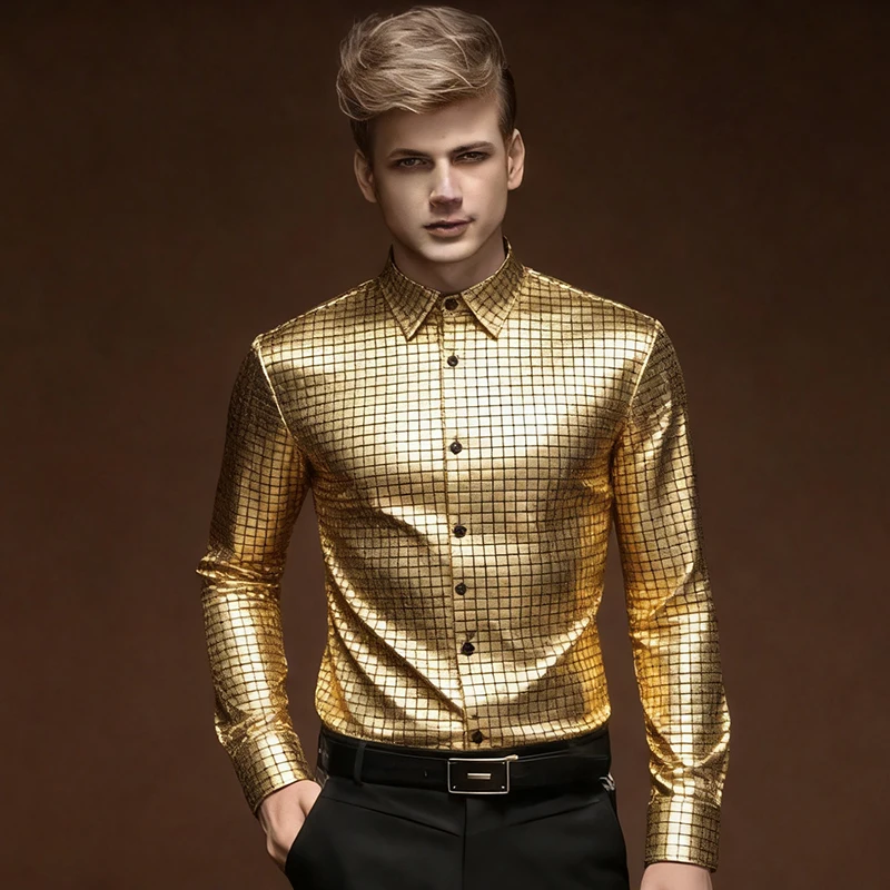Spring Men's Hot Stamping Print Long Sleeve Shirts Fashion Stylish Square Plaid Shirt Male Stage Costume Banquet Nightclub Party