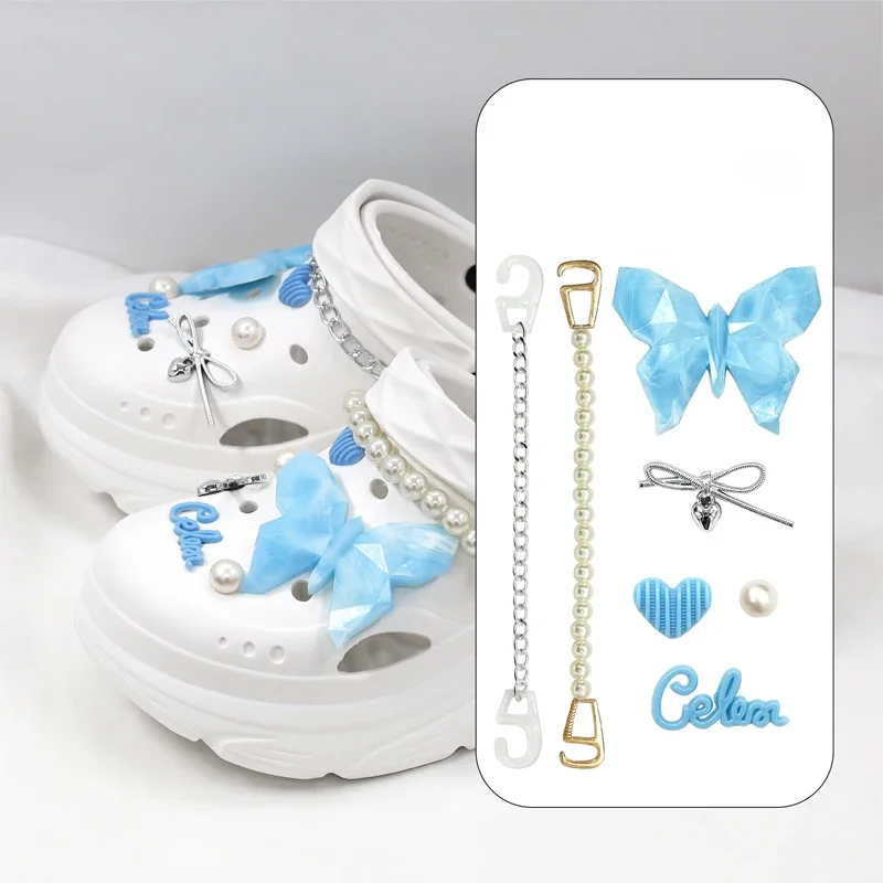 Blue Butterfly Personalized Shoe Charms Set with Fashion Pearl Detachable DIY Shoe Buckle Decorations 1 Complete Set