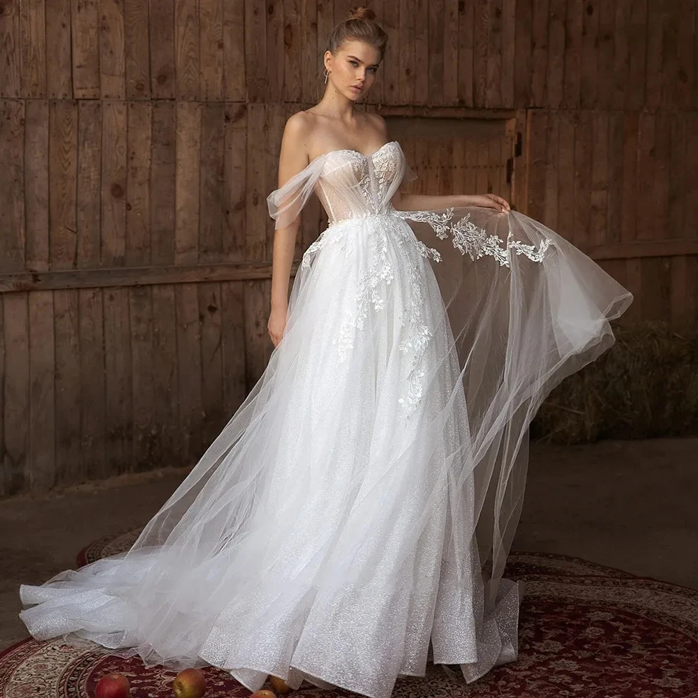 Vestidos de casamento românticos femininos, simples sem ombro, apliques de renda sem mangas, estilo princesa fofo, esfregando formal para noivas