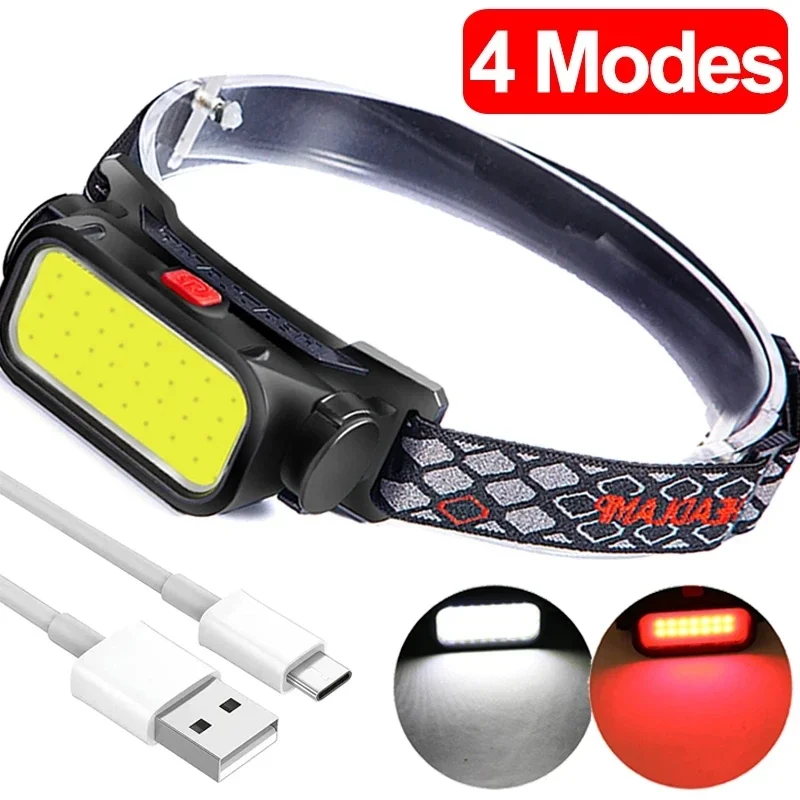 

Portable Powerful LED Headlamps 4 Modes USB Rechargeable COB Headlight with Red Light Waterproof Night Fishing Lamp Torch