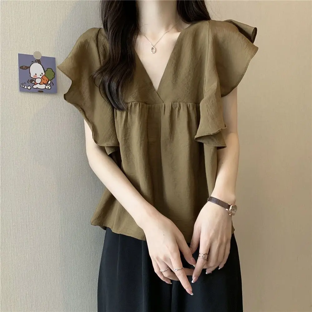 Frauen Kleidung Sommer Koreanische Mode Lässig Einfachheit Elegante Rüschen Einfarbig V-ausschnitt Chiffon Femme Temperament Kurze Sleev