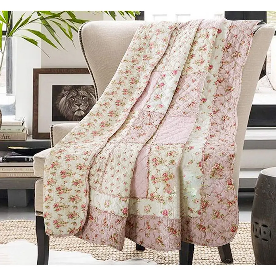 

Original 100 Cotton Quilt Pink Floral Patchwork Quilted Throw Blanket, Reversible Bedspread Coverlet Vintage Shabby Chic Bedding