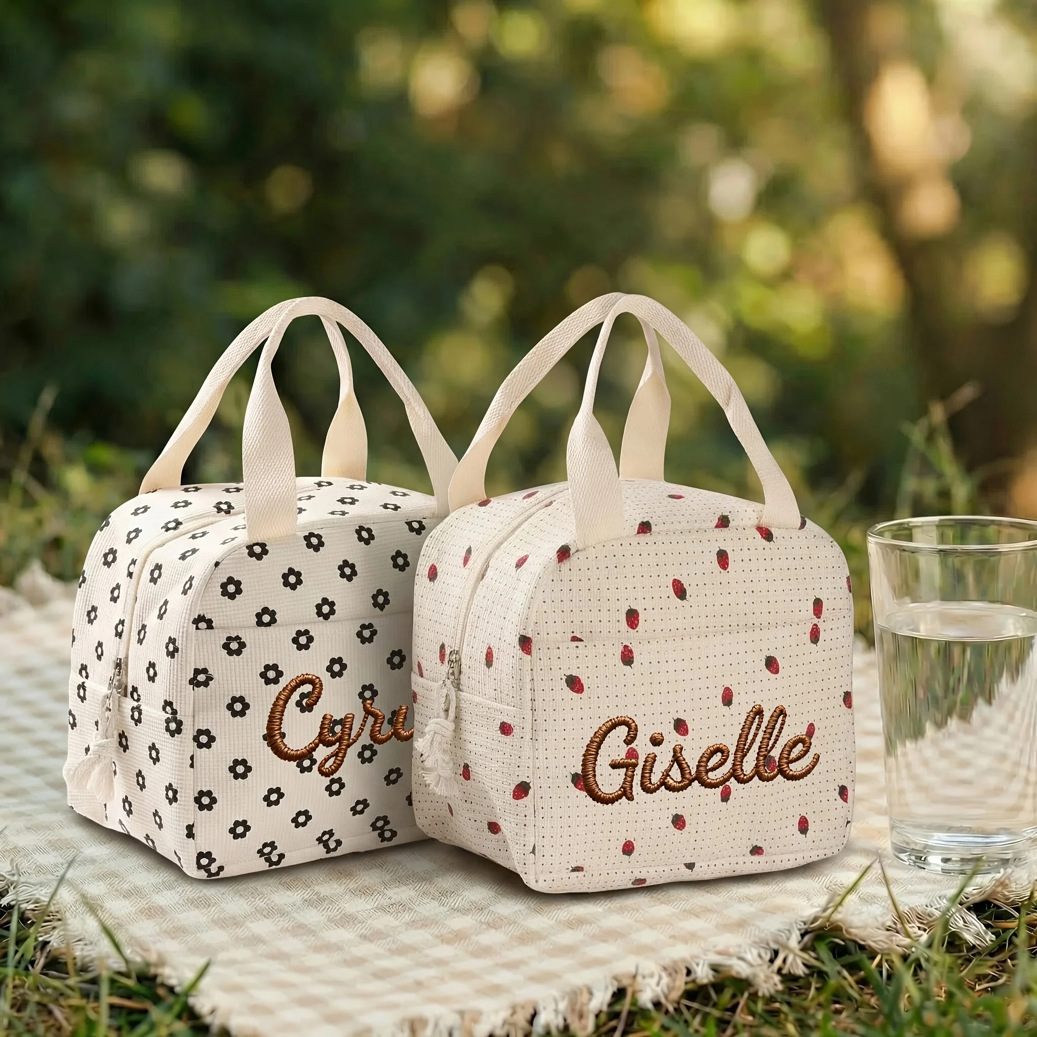 Mit gesticktem Namen und Blumenmuster bedruckte Lebensmittelhandtaschen, tragbare Thermo-Lunch-Tasche, wasserdichte, isolierte Tasche für Büro und Camping – Detail 4