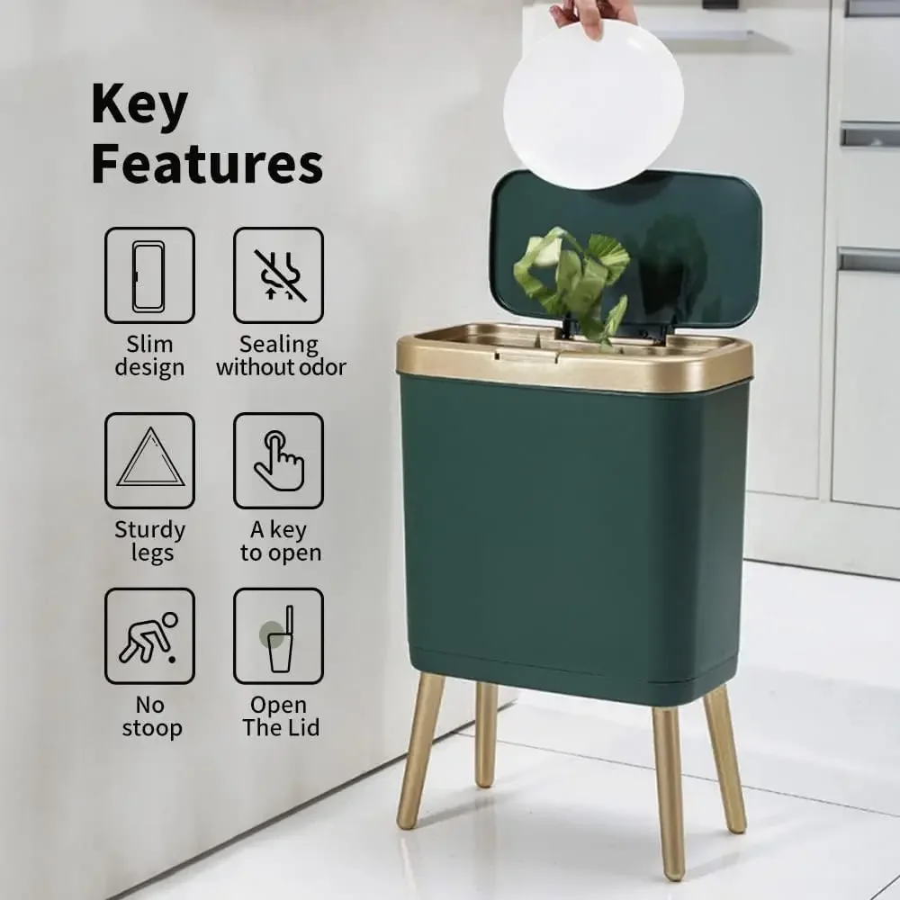Kitchen Trash Can with Lid Green Bathroom Trash Can Gold Edge Garbage Can with Legs for Bedroom, Living Room,Office,Toilet 15L