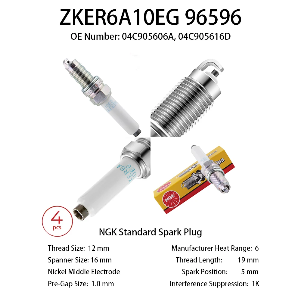 

4pcs Original NGK Spark Plug ZKER6A10EG Suitable For SKODA Rapid 1.6 OE 04C905606 04C905616D etc