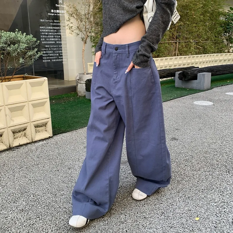 American High Street French Blue Curved Cargo Pants Women Autumn Winter 3D Seam Loose Profile Casual Trousers