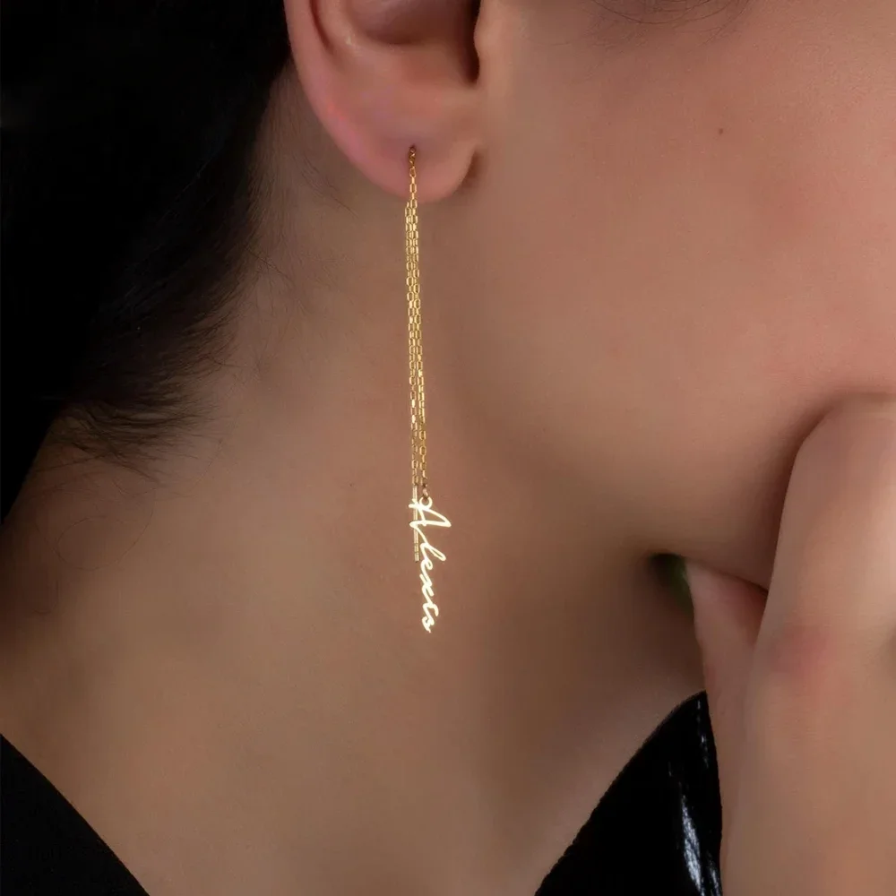 

Висячие серьги с индивидуальным именем для женщин, ювелирные изделия из нержавеющей стали, серьги с длинной цепочкой, персонализированный подарок на день рождения