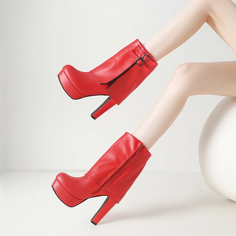 Plus Size Women Ankle Boots Round Toe Platform High Block Heel Double Buckle Strap Side Zipper Solid Color Punk Ankle Booties