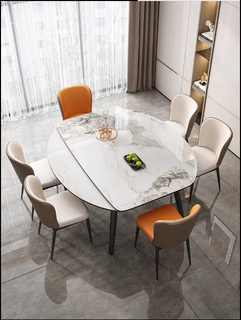 The dining table is modern, simple, light luxury, solid wood, retractable folding round table, Internet celebrity dining table