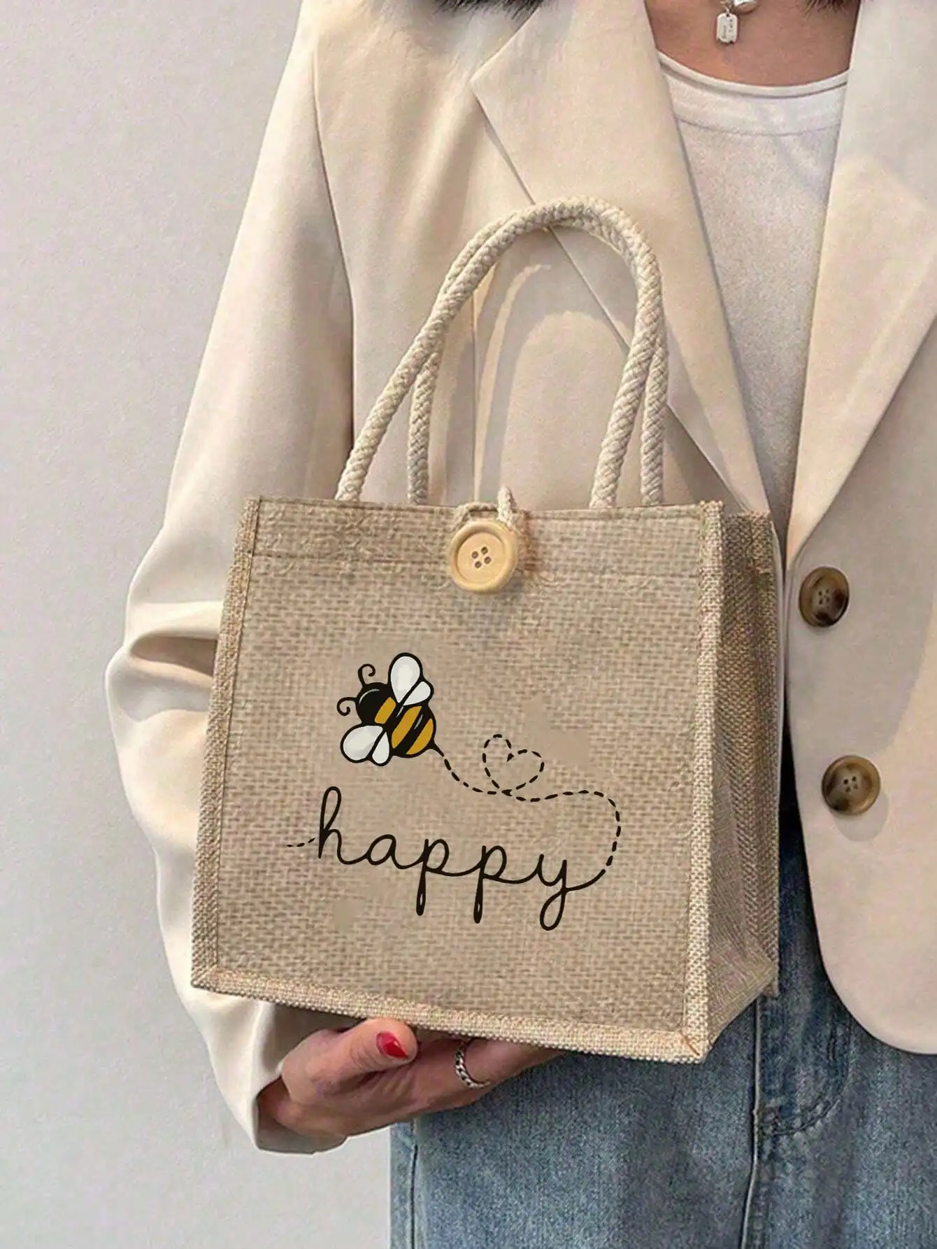 

Natural Jute Tote Bag with Bee & Heart Script Print, Lightweight Foldable Handbag for Daily Use
