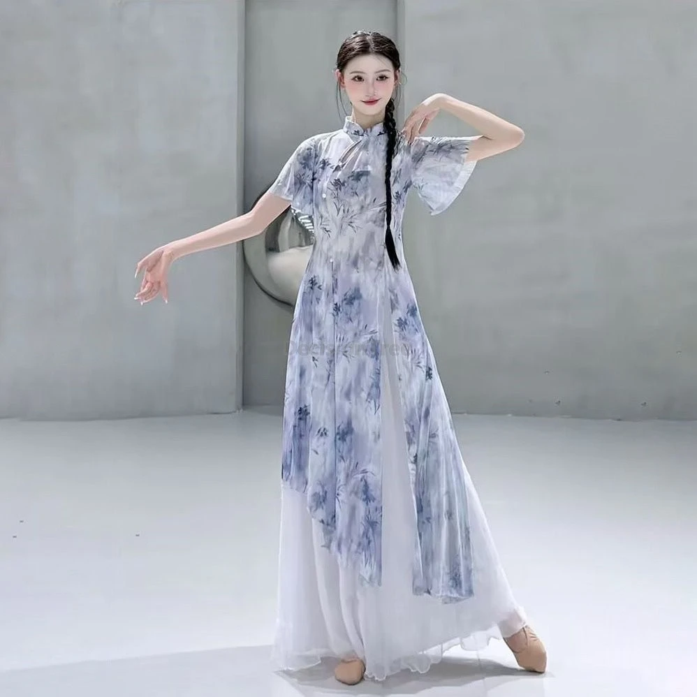

2025 new classical chinese dancing qipao fairy temperament printed dancing performance qipao elegant literature art cheongsam