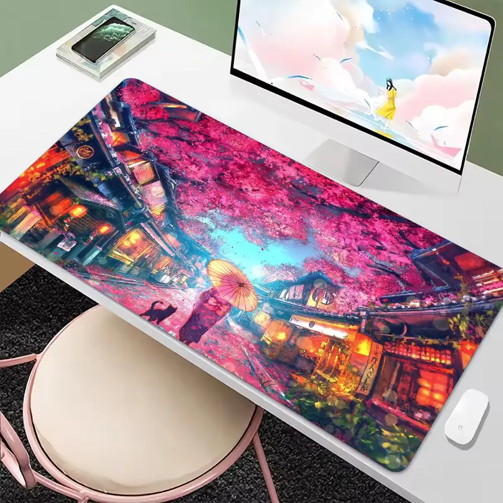 Japanese Cherry Blossom Nightscape Large Gaming Mouse Pad Non Slip Rubber Base Extended Desk Mat For PC Laptop Gaming Setup