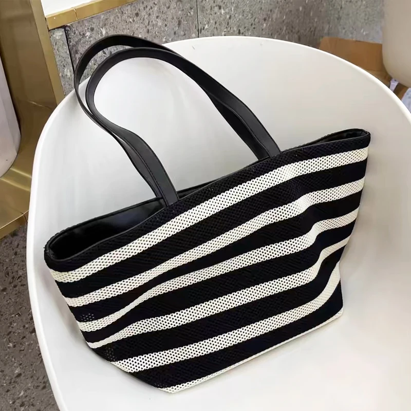 Korean Casual Mesh Stripe Tote Bags For Women Luxury Designer Handbags Purses 2024 New In Contrast Color Large Capacity Shoulder