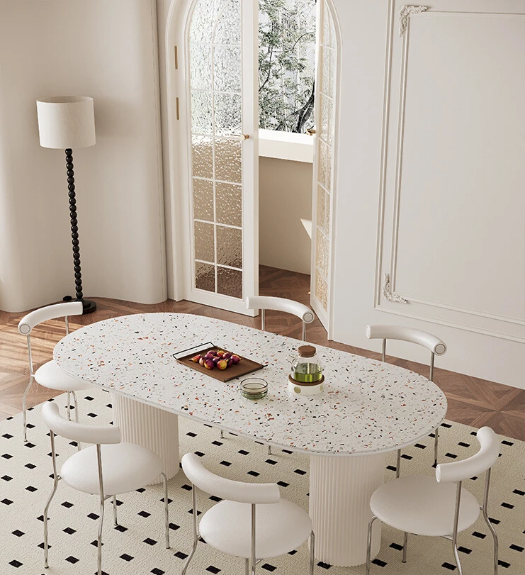 Solid wood terrazzo dining table, cream style oval French rock plate dining table, modern home use