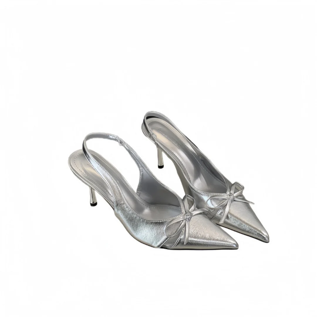 

2026 Spring Summer Women's Retro Pointed Toe Bow Slingback High Heels Patent Leather Thin Heel Commuter Closed Toe Sandals