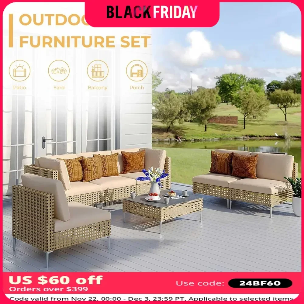 Outdoor Furniture Set of 7 Pieces,Water Resistant Beige Thick Cushions and Coffee Table,Outdoor Furniture Set