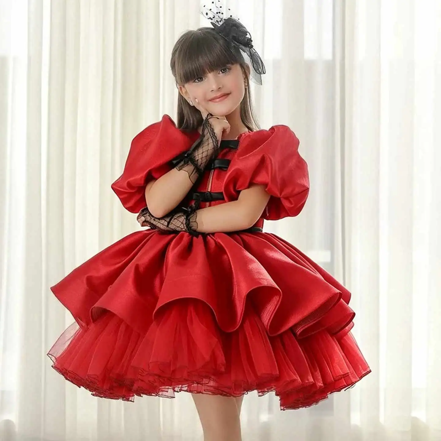 Jill Wish M007 Girls Vintage Dress Red Black Puff Sleeves Bow Buttons Layered Satin Overskirt Ruffled Tulle Pageant Party