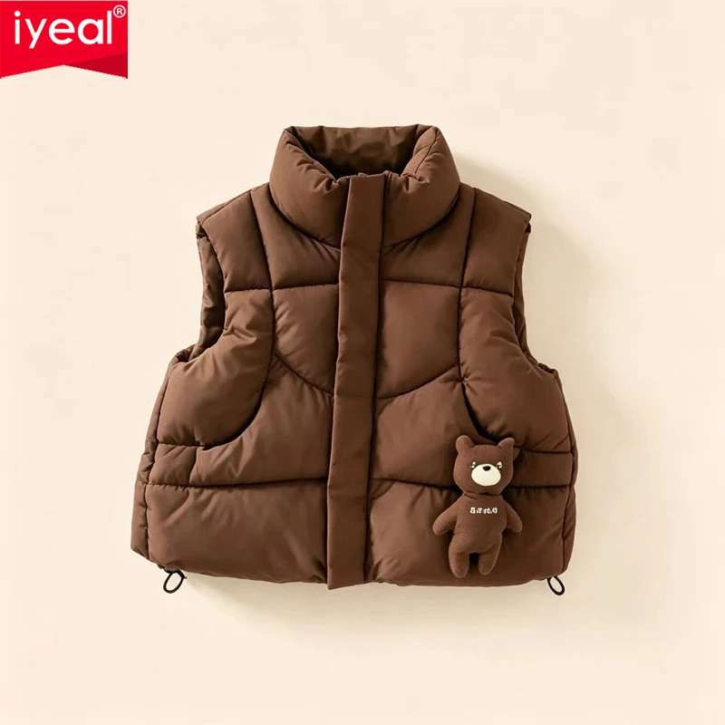 IYEAL Baby Boys Girls Stand Collar Puffer Vest with 3D Bear Doll Sleeveless Thick Warm Waistcoat Toddler Winter Outerwear Gilet