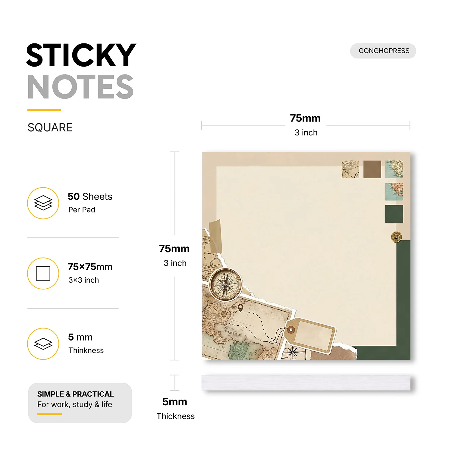 2pcs Travel Map Sticky Notes, Vintage Compass Self-Adhesive Memo Pads, 100 Sheets Total, Removable Adhesive Notes for Planner