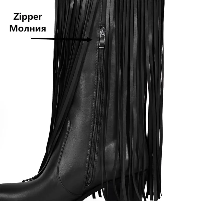 Onlymaker Women Black Fringe Over The Knee Boots   Chunky Heel Winter Pointed Toe Female Wstern Boots