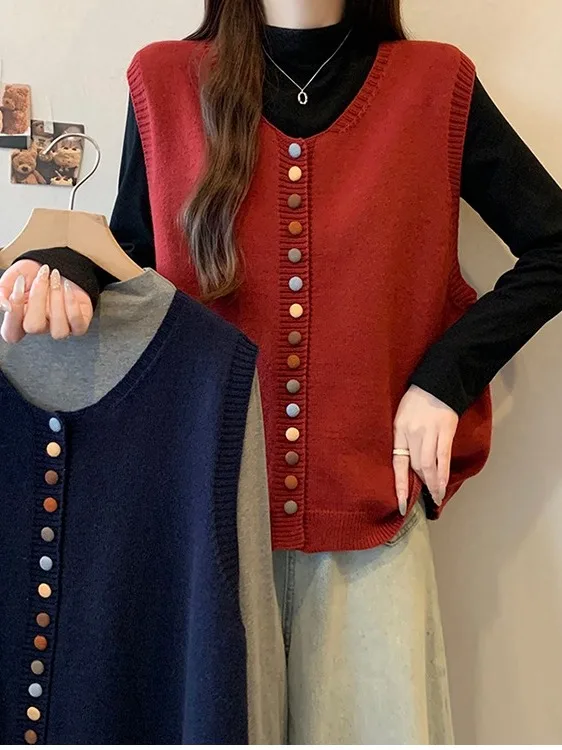 

plus Size Women's Knitted Long Sve Sweater Vest Set with Button Layering Trendy Lazy Sle Buttons Autumn Winter ...