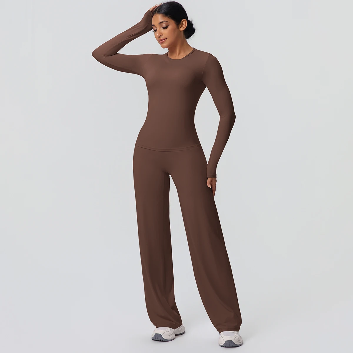 2 stück Frauen Gym Yoga Set Lauf Shirts Schlank Lange Ärmel Workout Top Schnell Trocknend Hohe Stretch Breite Bein Hosen dünne Yoga Set – Detail 8