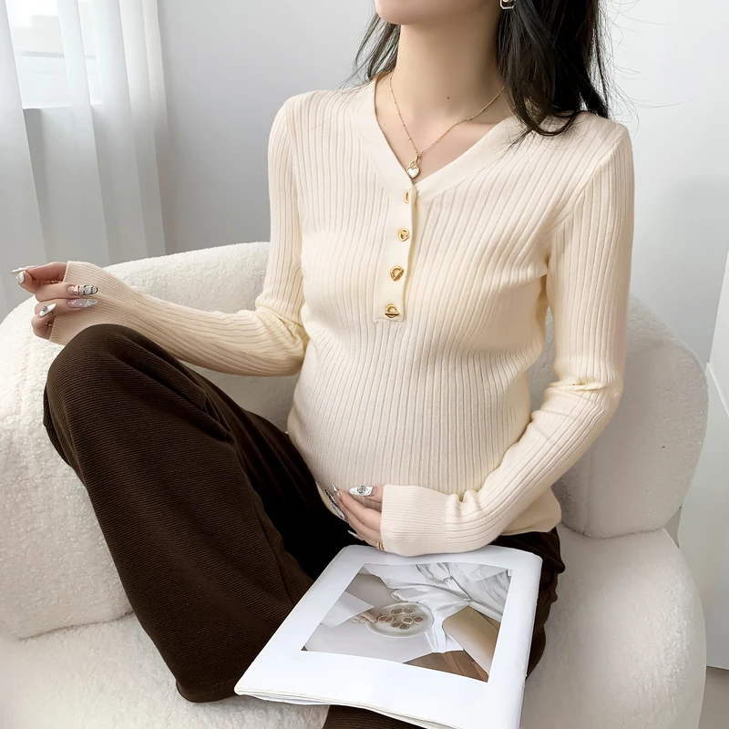 Knitted Maternity Sweaters Shirts 2023 Autumn Winter Slim Tops Clothes for Pregnant Women Pregnancy Hot Bottoming Nursing Tees