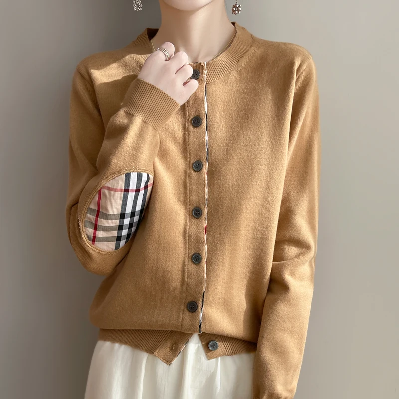 

Splicing Cashmere Cardigan Sweater Women O-Neck Splicing Pullovers 2025 Autumn and Winter Cashmere Cardigan Women