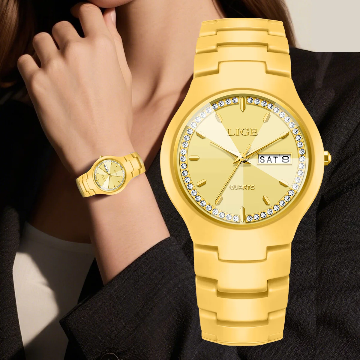 

LIGE лучший бренд класса люкс женские часы с бриллиантами элегантные модные керамические часы с календарем недели водонепроницаемые женские подарочные кварцевые часы для женщин