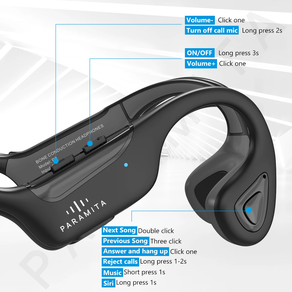 PARAMITA-Écouteurs Sans Fil Bluetooth BT5.3 à Conduction Sophia, Casque de dehors Étanche avec Micro pour Entraînements, Course à Pied et Conduite