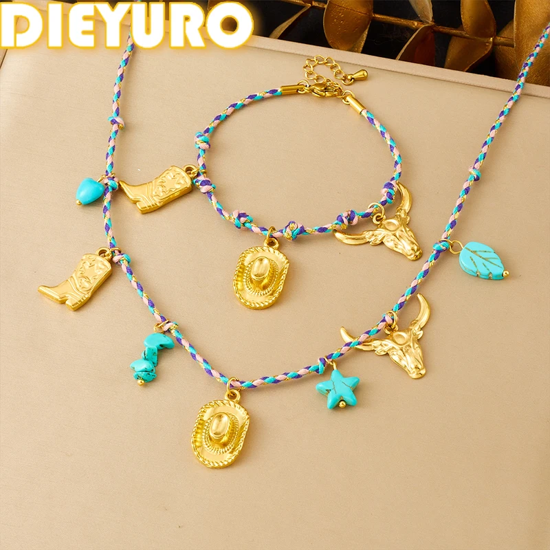 

DIEYURO 316L Stainless Steel Golden Hat Shoes Cow Head Turquoise Necklace Bracelet Set Women New Waterproof Jewelry Gift Set