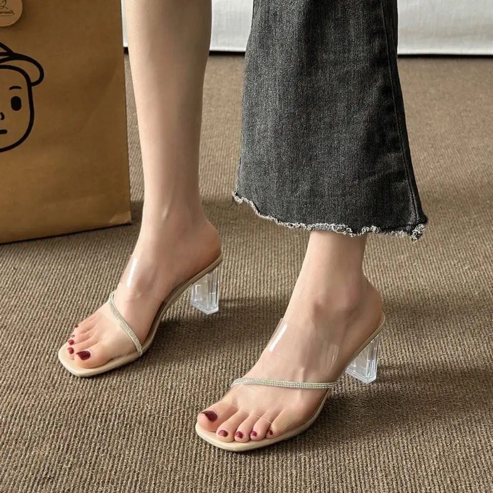 

Модные летние прозрачные тапочки с кристаллами, прозрачные элегантные босоножки на высоком каблуке с открытым носком, сексуальные женские туфли-лодочки для женщин/девочек