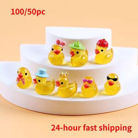 Mini canard jaune lumineux en résine, 100/50 pièces, maison de poupée miniature qui brille dans la nuit, Figurines de canard pour bricolage, décor de jardin d'aquarium