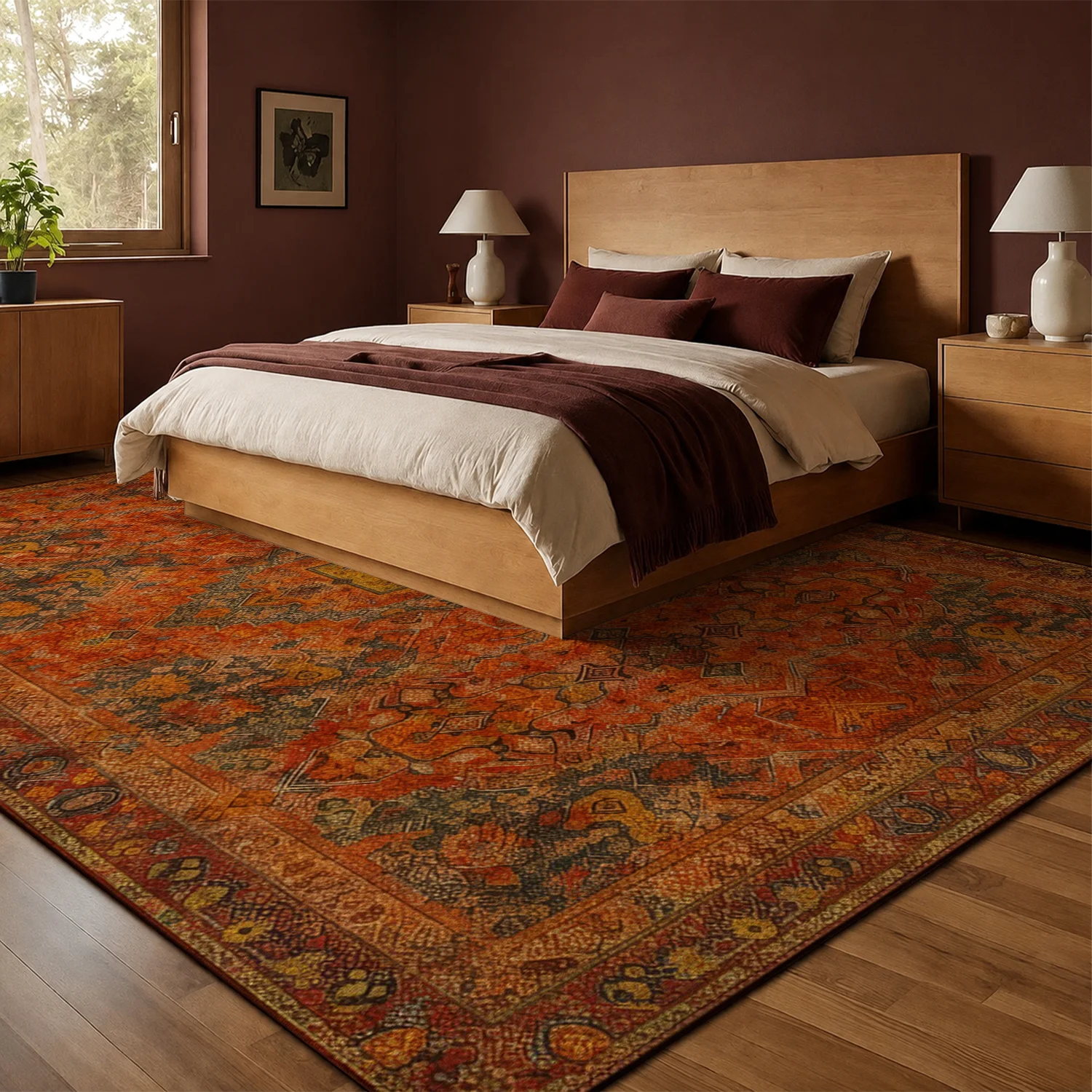 Large Indoor Area Rug, Soft Velvet Low Pile with Non-slip Dotted Backing, Machine Washable, Vintage Persian Terracotta Pattern Rug for Living Room, Bedroom, Bohemian Home Decor
