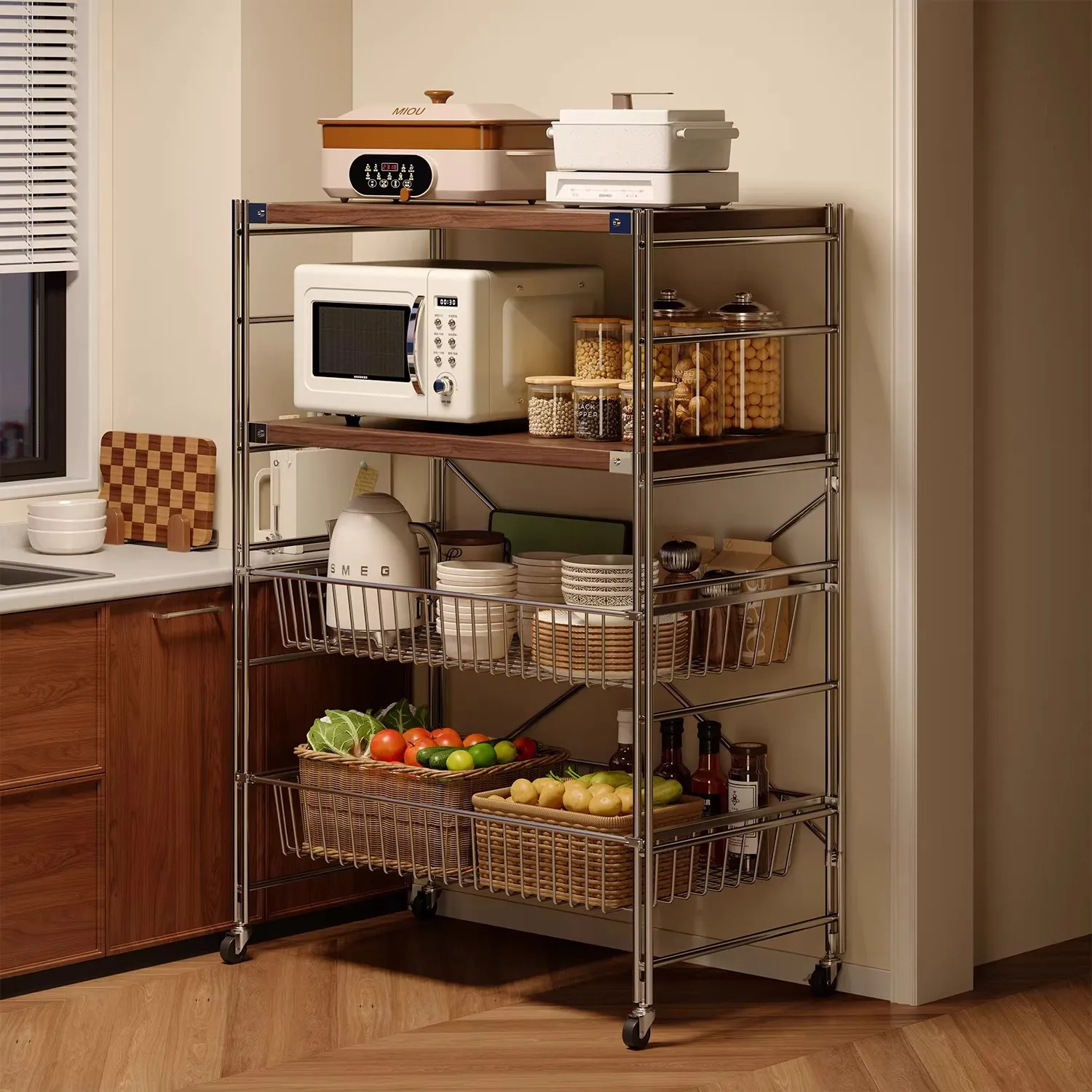 Kitchen rack Floor-to-ceiling multi-layer pull-out vegetable Movable trolley Multifunctional microwave oven storage