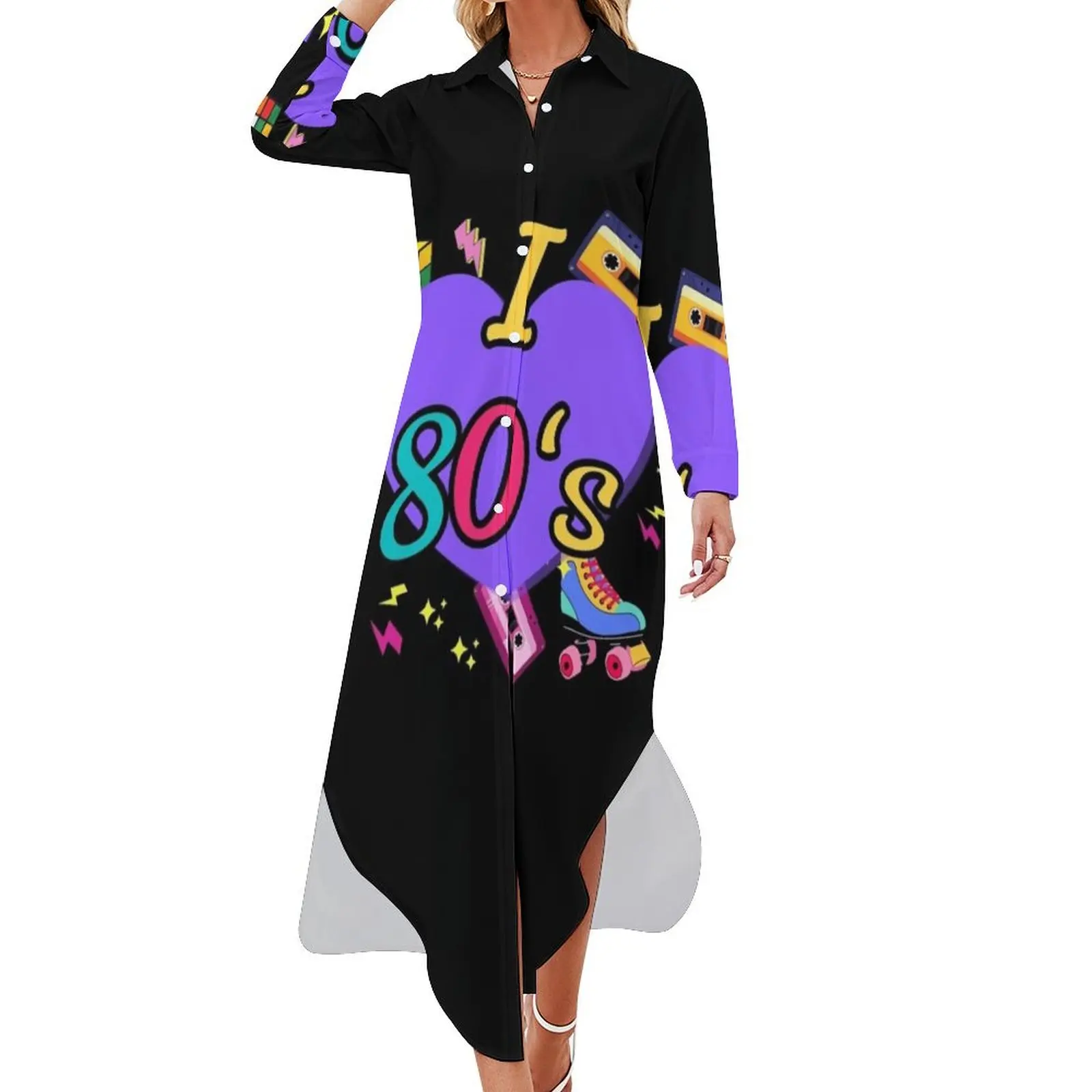 

I love 80's Girl 1980s Fashion Theme Party Outfit Eighties Costume Long Sleeved Shirt Dress women's summer jumpsuit