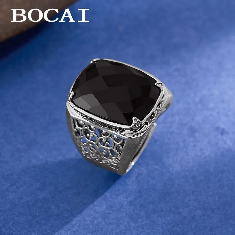 

BOCAI S925 Sterling Silver Jewelry ﻿Hollow Black Agate Wide Cut Ring for Men Domineering Personality Fashion Birthday Gift