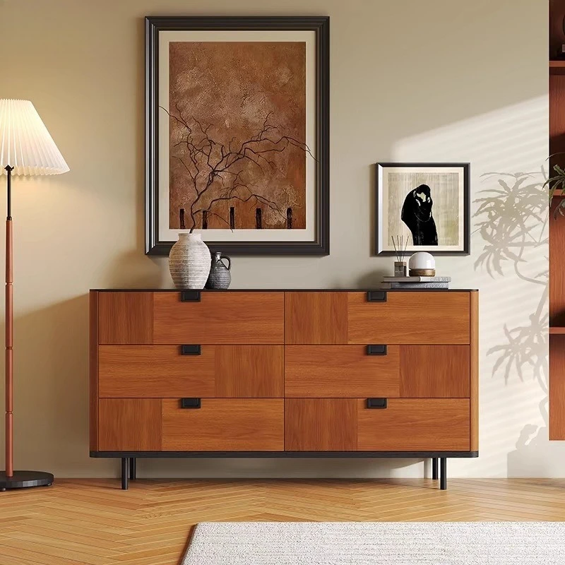 

Antique simple solid wood veneer French retro wind pine wood veneer bedroom storage side cabinet six bucket